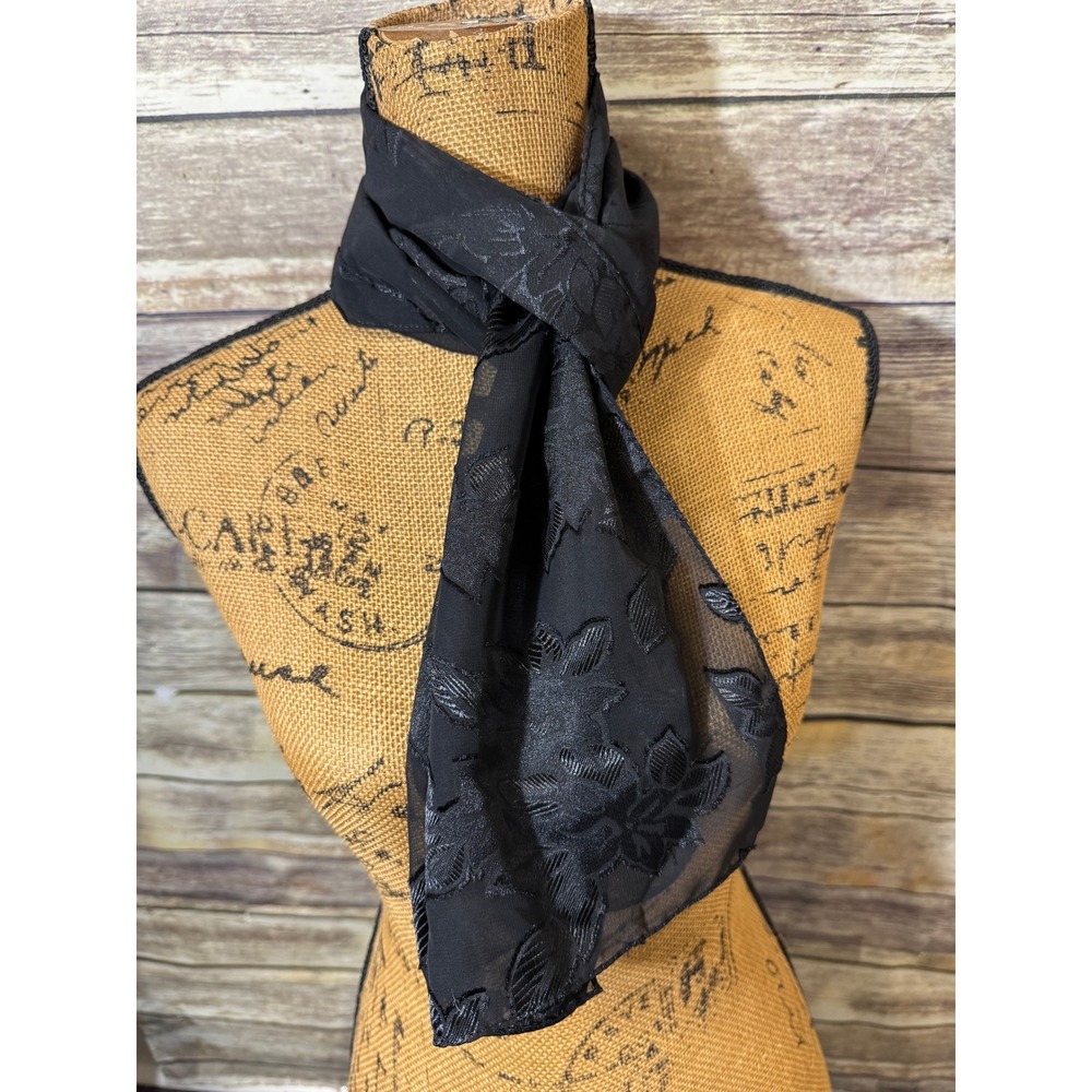 Black Floral Embroidered Sheer Mesh Rectangle Scarf Evening Wrap Made in Korea